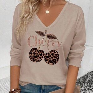Women's Beige Cherry Print Sweatshirt